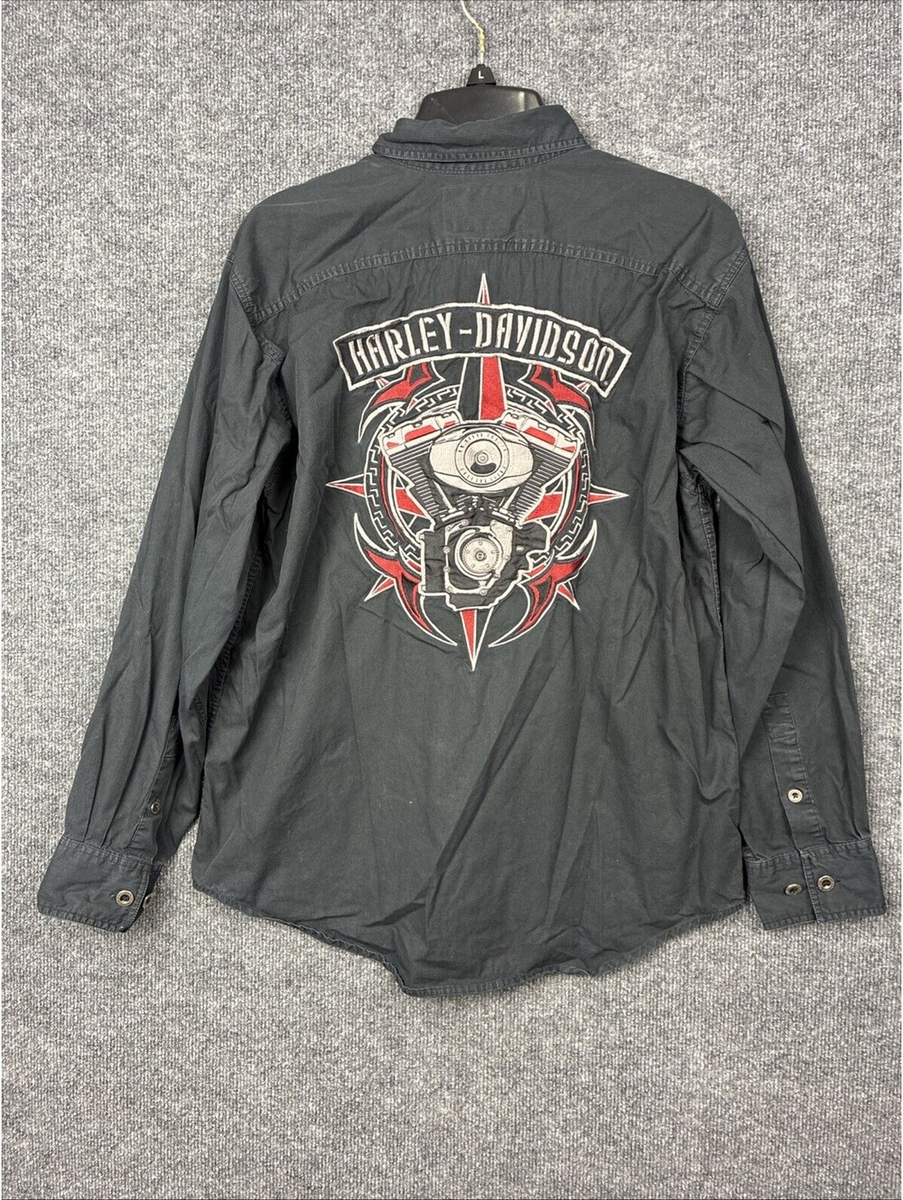 Harley Davidson Mens Medium Black Graphic Button Up Collared L/S Shirt EUC